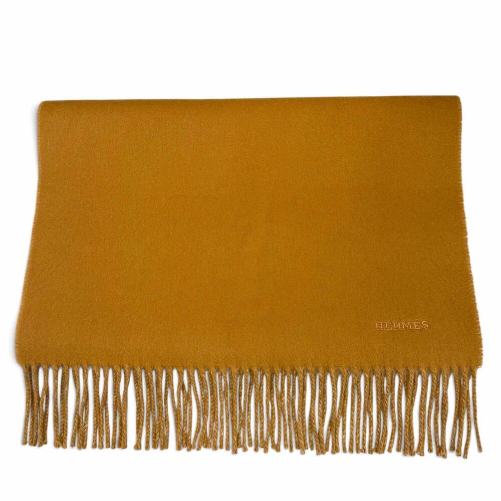 HERMES Recto Verso 100% Cashmere Logo Embroidered Fringe Stole Scarf Camel Be...